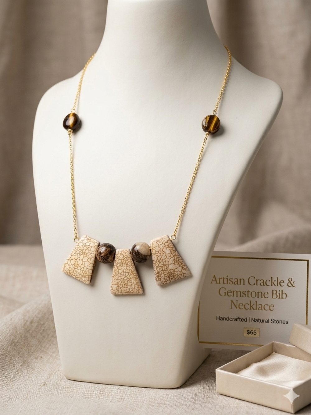 Gold-Tone Cream Crackle Bib Necklace with Brown Gemstone Accents